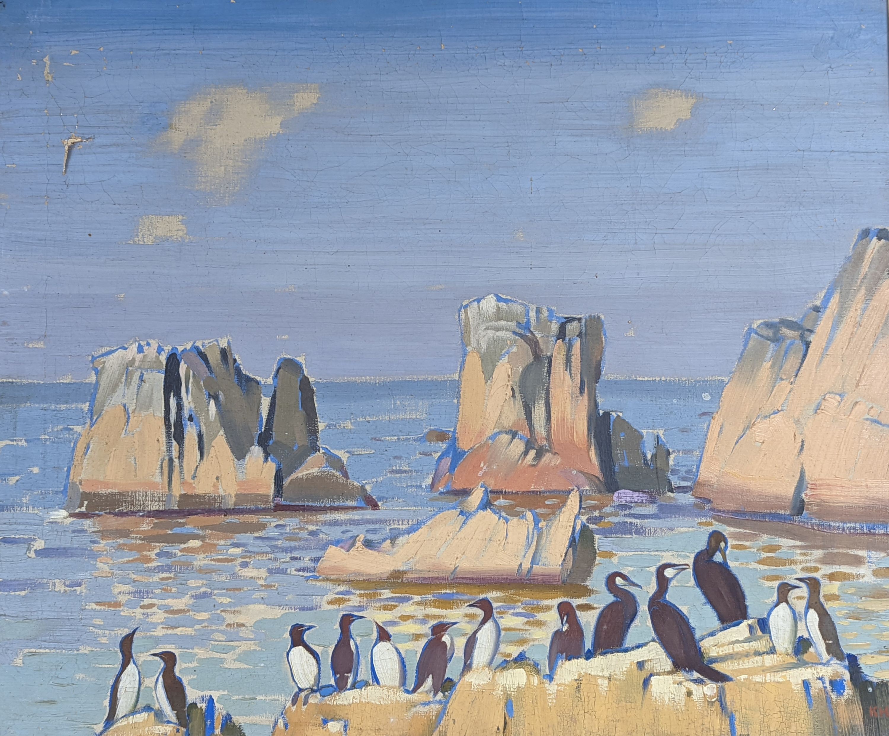 Keith Henderson (1883-1982), oil on canvas, Rocks near Ballyrath with guillemots and cormorants, initialled and titled verso, 50 x 60cm